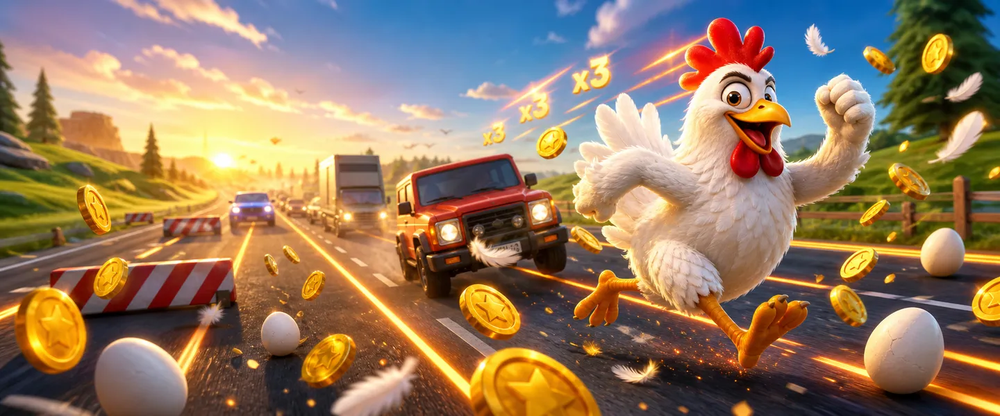 High-resolution HERO banner for Chicken Road game featuring a 3D chicken character confidently crossing a multi-lane road wit