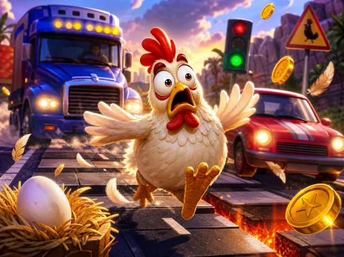 Cartoon chicken navigating a busy road filled with traffic and feathers in a slot game setting.