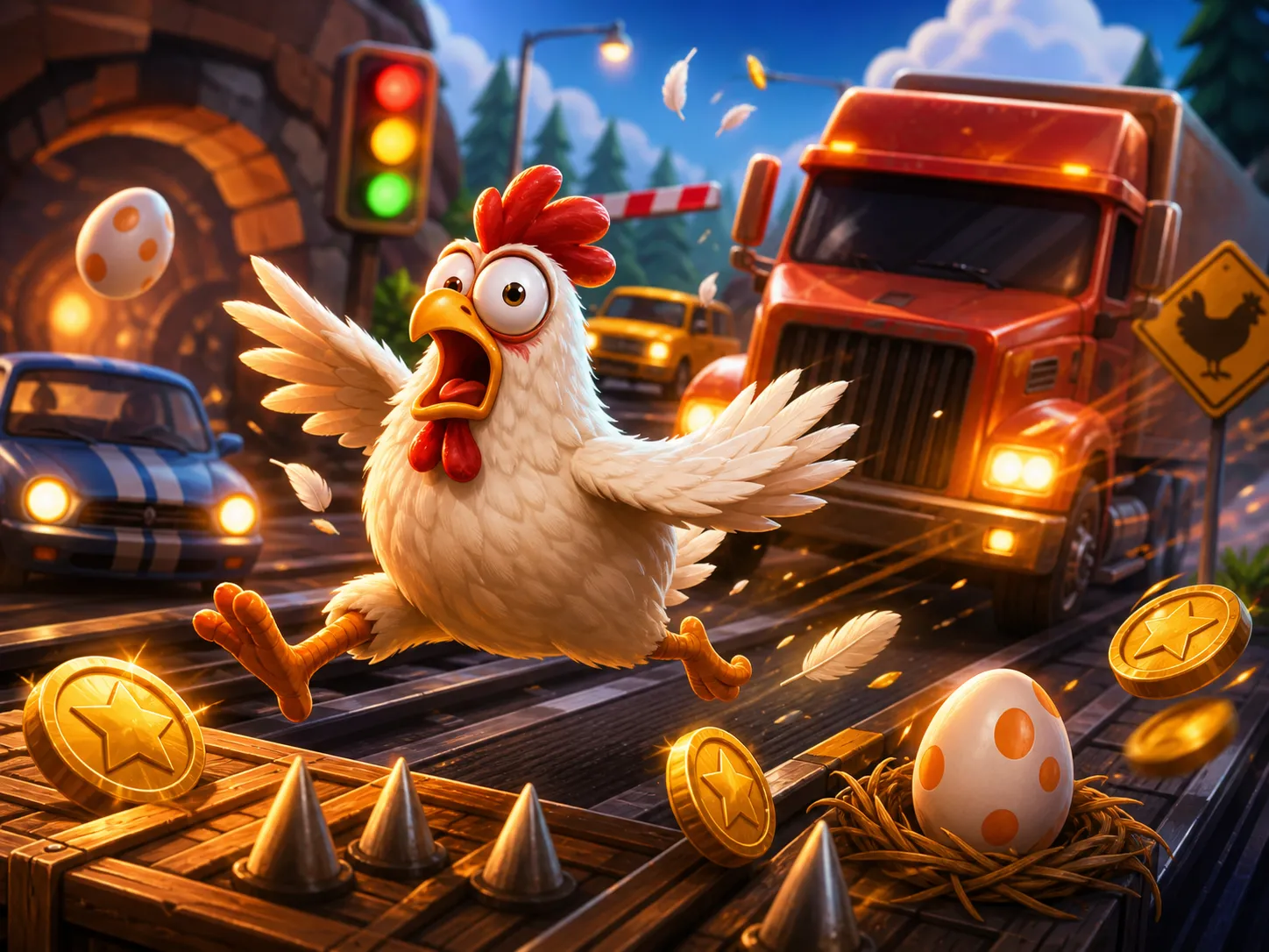 Promotional artwork for Chicken Road slot game featuring a cartoon chicken crossing a road with playful traffic-themed elemen
