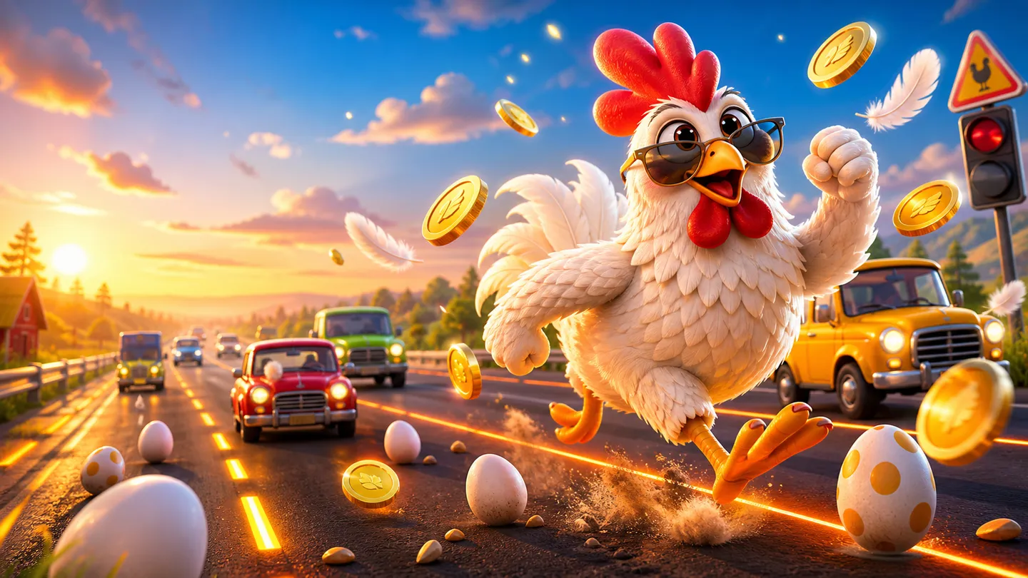 3D chicken crossing road with traffic, coins, and eggs in dynamic arcade style for Chicken Road game
